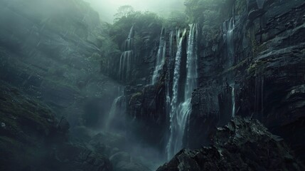 A mystical waterfall flows down the side of the cliff and within its cascading waters the faces of ancient warriors can be seen their spirits bound to the sacred site for eternity