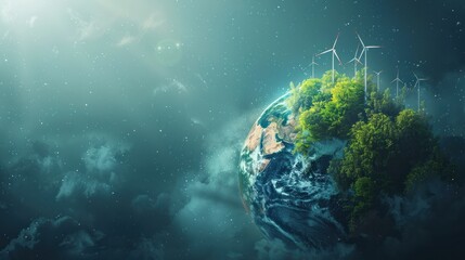 A digital rendering of Earth with green energy symbols like wind turbines and solar panels, a green planet, a dynamic composition, and a copy area