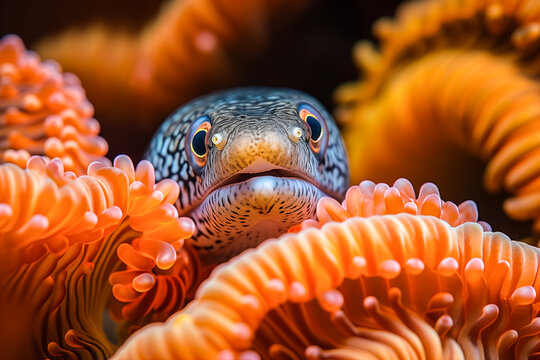 Moray eel peeking from vibrant orange coral reef. Generative AI image
