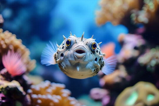 Inquisitive pufferfish amidst colorful coral reef. Generative AI image