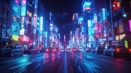 A wide shot of the neon street in Shinjuku Tokyo at night