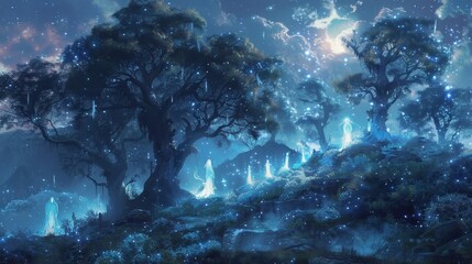 Obraz premium As night fell the spirits seemed to come to life their ethereal bodies glowing brighter as they guarded the spring under the blanket of stars