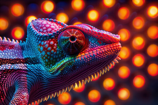 Vibrant Chameleon Portrait with Abstract Bokeh Background. Generative AI image