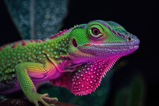 Vividly colored veiled chameleon close-up. Generative AI image