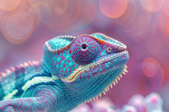 Vibrant panther chameleon close-up with colorful bokeh background. Generative AI image