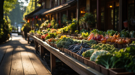 A vibrant scene at a farmer's market, colorful fruits and vegetables like apples, tomatoes, and leafy greens are displayed on wooden stalls