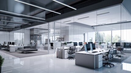 Modern gray-themed office with glass partitions and high-tech equipment,