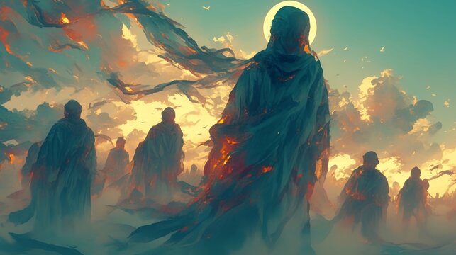 The misty dawn is filled with eerie apparitions their transparent forms moving hauntingly through the veil of fog like lost souls searching for redemption