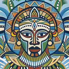 A vibrant and intricate illustration of a traditional tribal mask, featuring bold geometric patterns and rich colors.