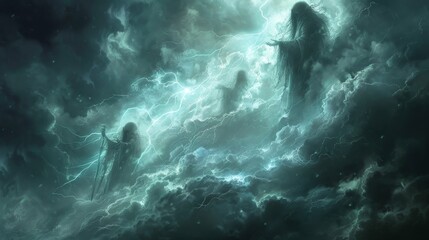 Fototapeta premium Shadows of longforgotten spirits emerged from the turbulent clouds their ghostly outlines hauntingly illuminated by bolts of lightning