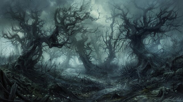 Skeletons of longdead trees form a skeletal canopy above the haunted forest casting grotesque shadows on the forest floor. But a these barren branches the glowing spirits thrive thei
