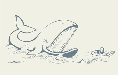 Man swims through the waves of the storm. Vector drawing