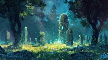A deep mysterious glow emanates from a of ancient stones in the center of the clearing as if they hold secrets from ages past