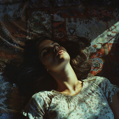 color photo close up of a young woman's face in 1966 laying on her back, hair fanned out around her head, lips slightly parted, looking at the camera