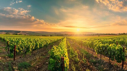 Naklejka premium breathtaking panoramic view of summer vineyard at golden hour lush green rows at sunset