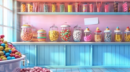 Fototapeta premium Sugar Rush Vibrant Candy Store Display with Customizable Business Cards Lollipops and Chocolate Fountains
