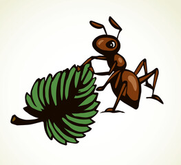 The ant is pulling a leaf. Vector drawing