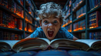 Child with enthusiasm in a library, world book day, back to school, international education day 