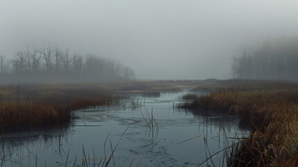 Fototapeta premium As the fog thickens eerie laughter echoes through the marsh seemingly coming from all directions at once. But upon closer inspection it is discovered to be the haunting cackling o