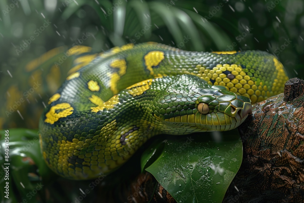 Poster a green and yellow snake sits on a tree branch, ready to strike