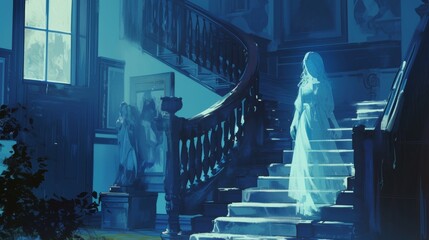 The once grand staircase was now filled with the eerie presence of a ghostly woman her translucent figure slowly gliding down the steps as if lost in thought