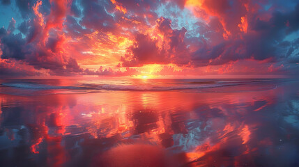 Fototapeta premium A nature sea during sunset, the sky ablaze with colors, and the water reflecting the hues