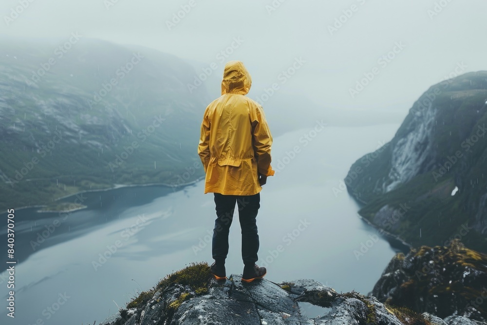 Poster a person standing at the top of a mountain with breathtaking views, suitable for use in travel or ad