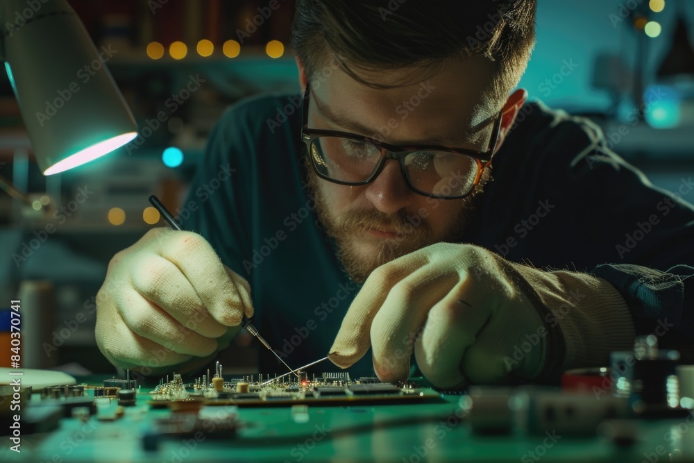 Poster A person assembling and testing an electronic component