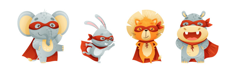 Animal Character Superhero Dressed in Mask and Red Cape or Cloak Vector Set