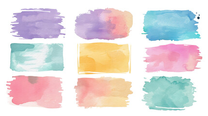 Fototapeta premium Set of watercolor swatches in pastel shades of purple, pink, yellow, blue, and green. Concept of color, art, and design.