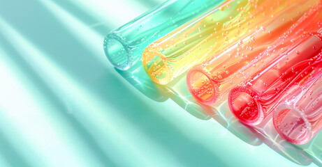 Colorful Array of Glass Tubes Vibrant and Transparent Cylinders Arranged in a Harmonious Pattern, Showcasing Bright Hues and Clear Material on a Smooth Surface Wallpaper Digital Art Poster Brainstorm