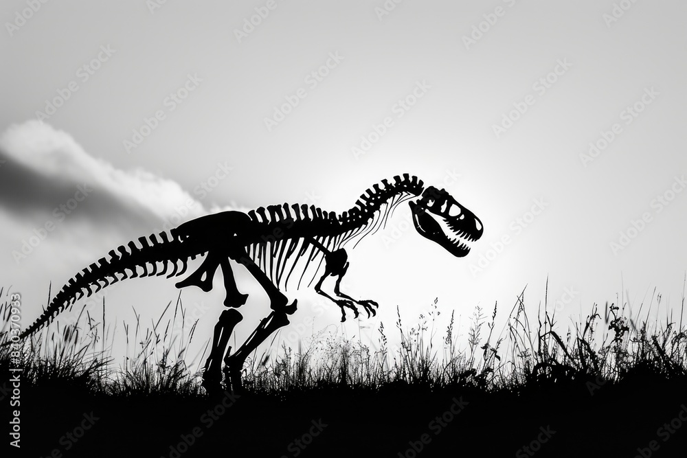 Poster a close-up view of a t-rex skeleton in black and white, great for use in prehistoric or dinosaur-the