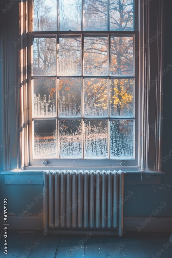 Poster a radiator sitting in front of a window with a modern home interior background