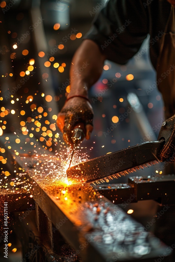 Poster A person working with sparks on a piece of metal, suitable for industrial or manufacturing settings