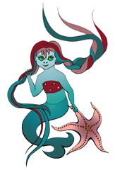 Teenage mermaid with fluttering fluffy braids. A cute peach starfish. Digital illustration for kids book. Isolated cartoon image of a sea girl for festive banner. Wallpaper for a summer Hawaiian vibe.