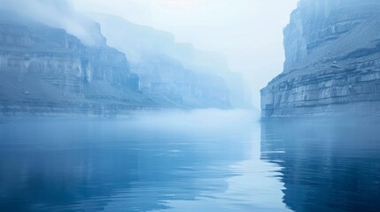 Fototapeta premium Within the ghostly mist the canyon takes on an otherworldly beauty with ethereal shades of blue and silver dancing across its walls and reflecting off the tranquil waters below