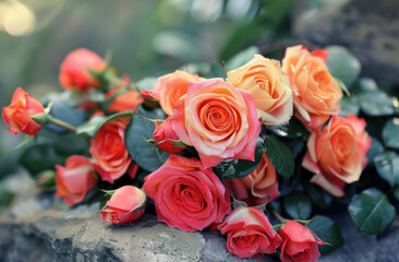 Naklejka premium A bouquet of vibrant pink and orange roses sit atop a rocky surface, showcasing their beauty