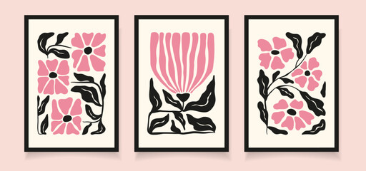 Set 3 floral posters with pink flowers and black leaves in Matisse style. Modern design template for interior decoration, banner, cover, print, postcard.