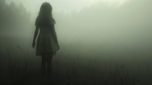 The mist suddenly parts to reveal a ghostly child her pale skin and tattered dress giving off an otherworldly aura as she invites you to play in the fog