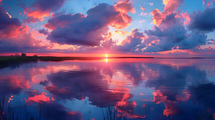 Fototapeta premium A nature spring during sunset, the sky ablaze with colors, and the water reflecting the hues