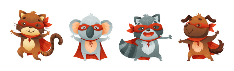 Animal Character Superhero Dressed in Mask and Red Cape or Cloak Vector Set