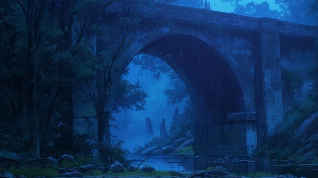 The bridge stood stark against the backdrop of the starless night its worn and weathered faÃ§ade adding to its eerie charm. As I crossed I couldnt shake the feeling of being watche