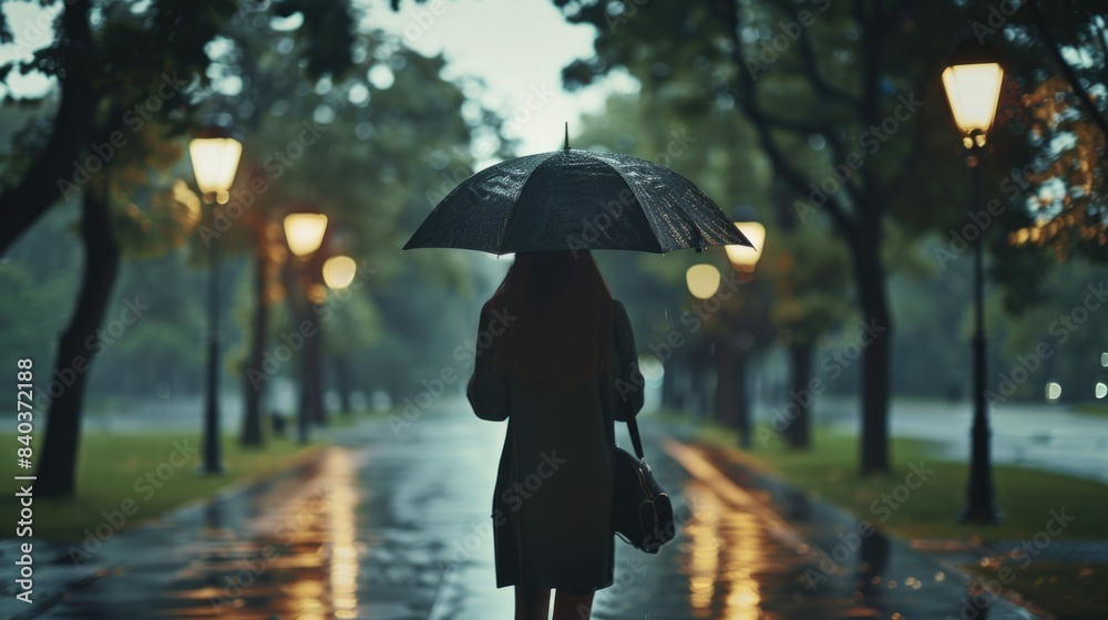 Poster a person navigating through heavy rainfall using an umbrella for protection