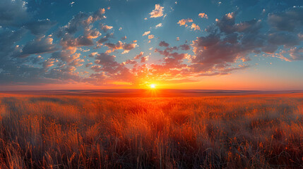 Fototapeta premium A nature steppe meadow during sunset, the sky ablaze with colors, and the grasses casting long shadows