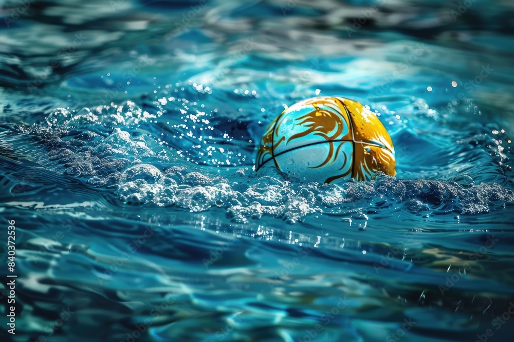 Aufkleber yellow and white beach ball floating on the surface of a pool water