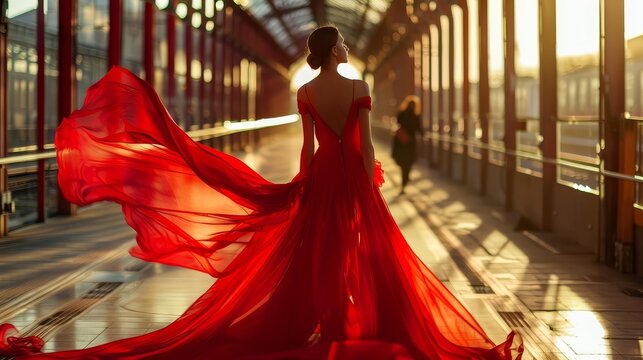 elegant train station traveler woman in flowing red dress awaiting her journey embodying timeless fashion editorial photography