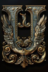 A decorative letter with gold and silver accents and wings on a black background