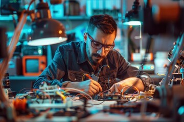 A person repairs and assembles electronic devices in a workshop setting