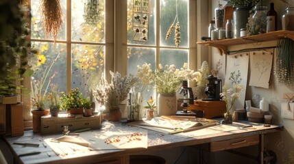 Fototapeta premium Cozy botanical workshop with dried flowers and natural light streaming through the window. Perfect for creative projects and plant enthusiasts.