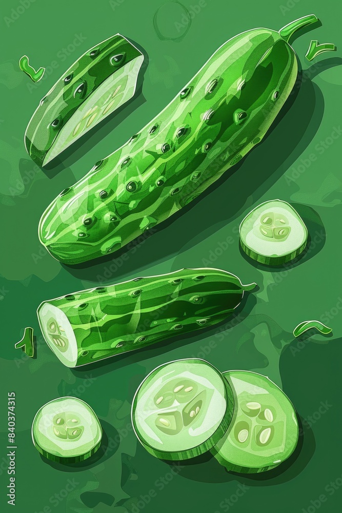 Poster a group of cucumbers sit on a green surface, waiting to be harvested or used in a recipe